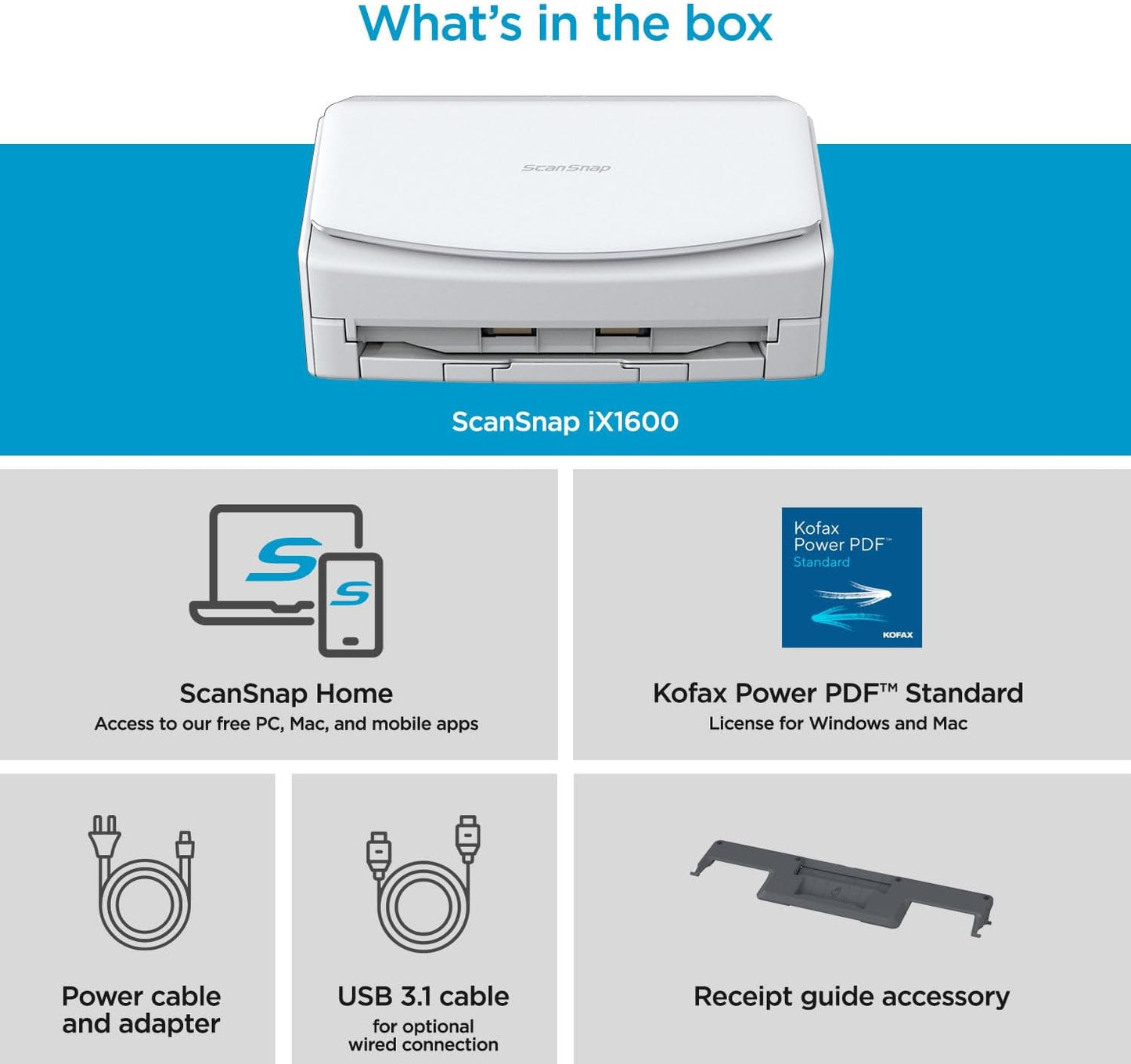 Ix1600 Wireless or USB High-Speed Cloud Enabled Document, Photo & Receipt Scanner with Large Touchscreen and Auto Document Feeder for Mac or PC, White