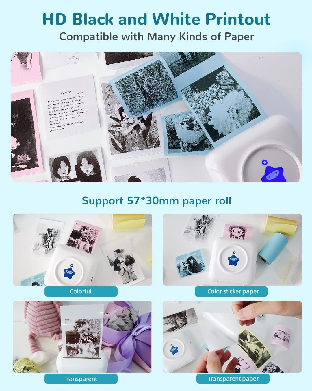 TP2-Y Mini Thermal Printer with 8 Rolls Thermal Paper Bluetooth Pocket Printer,Blue