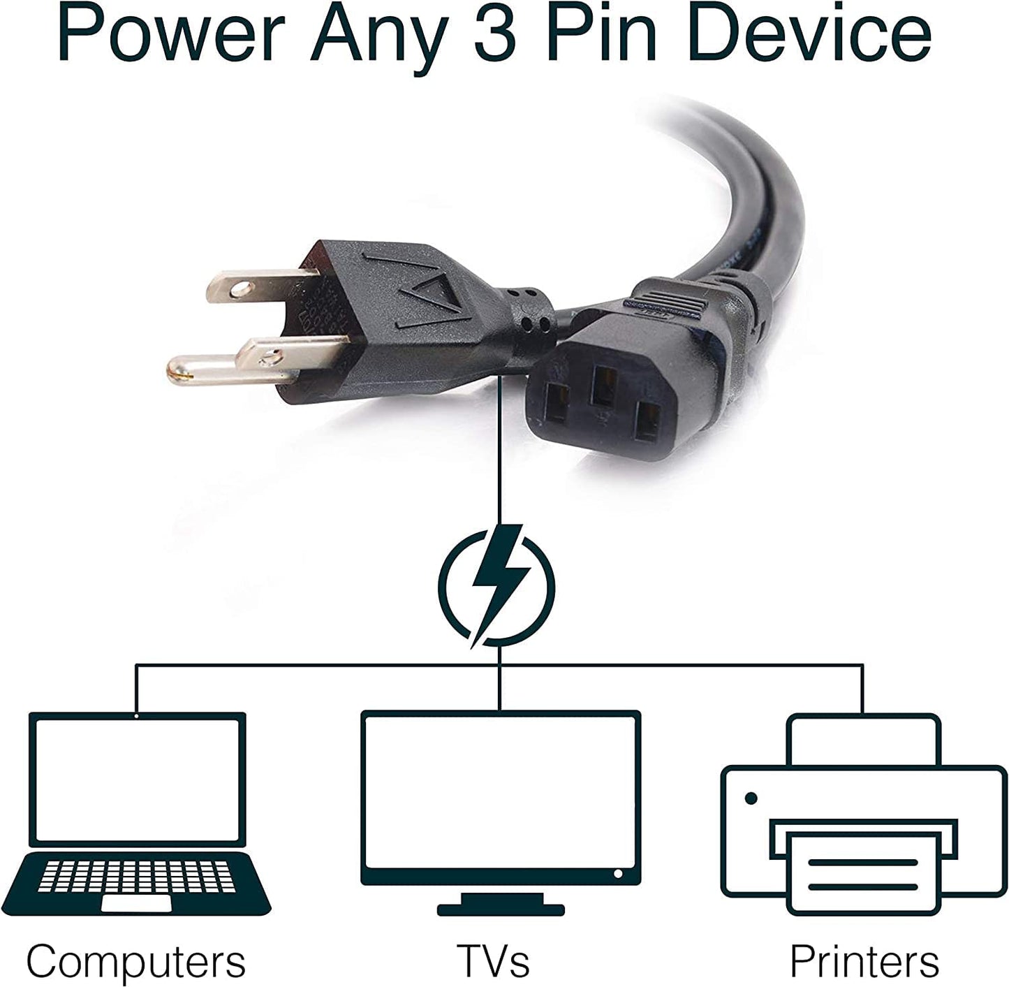 3FT Replacement AC Power Cord - Power Cable for Electronics, TV, Computer, Printer, Radio, Monitor, Samsung, Dell, Vizio, LG, Asus, Laptop and More (03129)