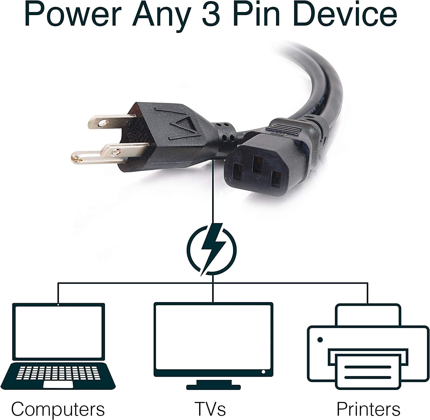3FT Replacement AC Power Cord - Power Cable for Electronics, TV, Computer, Printer, Radio, Monitor, Samsung, Dell, Vizio, LG, Asus, Laptop and More (03129)