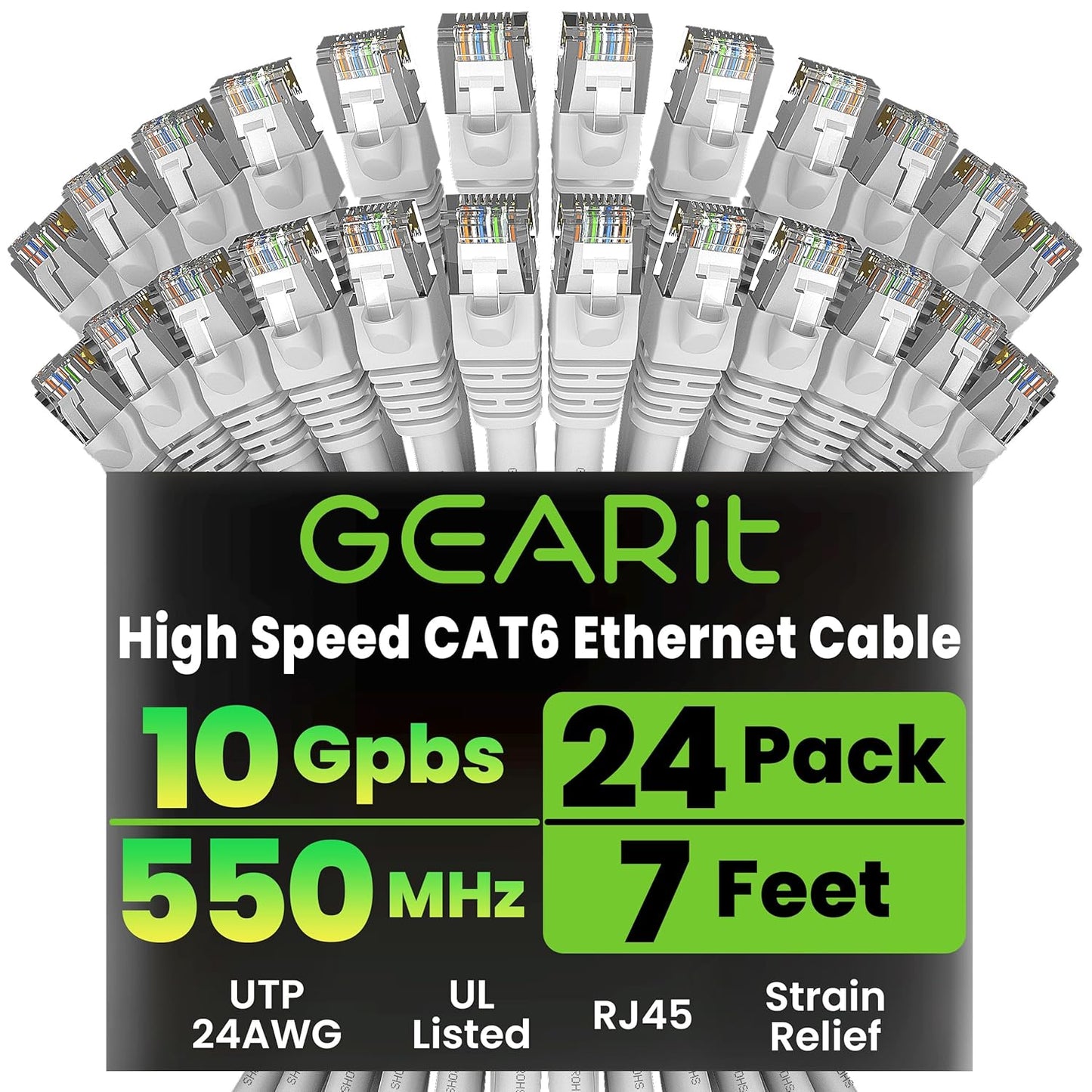 Cat 6 Ethernet Patch Cables 7 Ft White (Cat 6 Ethernet Cables 7 Ft 24-Pack), High Speed 24AWG 10Gbps RJ45 Snagless Gold-Plated, Ethernet Cable for Router, Switch, PC, PS5 Gaming, Server