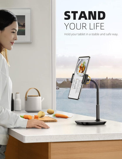 Tablet Stand Holder, Gooseneck Tablet Mount - 2.5Lb Heavy Duty Base Adjustable Desktop Stand with 360 Degree Rotating for 4.7-13" Tablets, Ipad Pro 12.9 Air Mini, Fire, Kindle, Tabs, Black