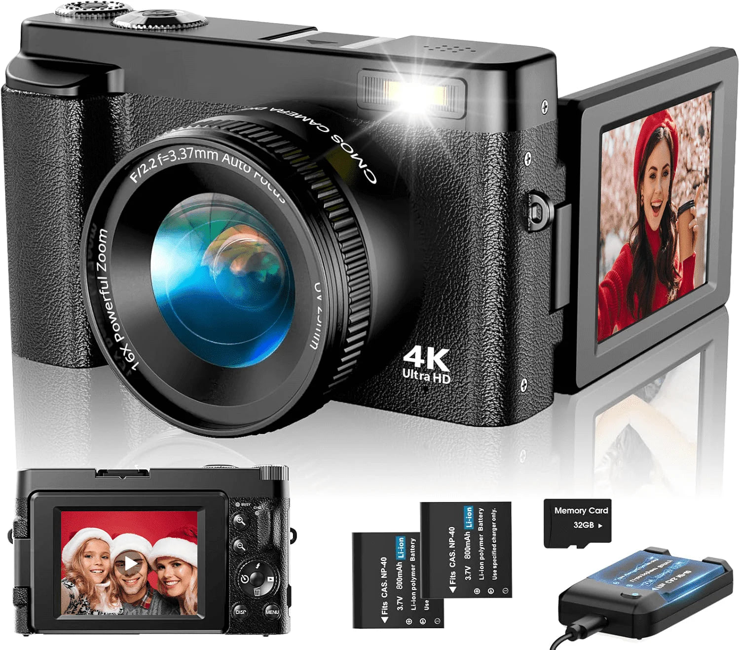 Vlogging Camera 4K Digital Cameras 48MP for Photography Autofocus 16X Digital Zoom for Youtube with 32GB Card